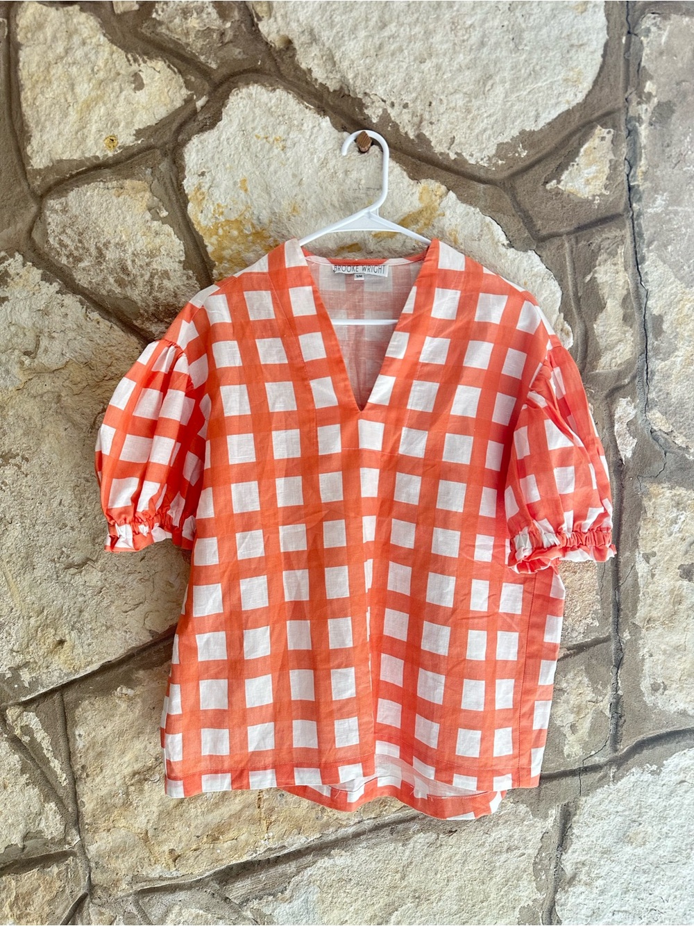 NWOT Brooke Wright Checkered Puff Sleeve Blouse Small Medium Orange